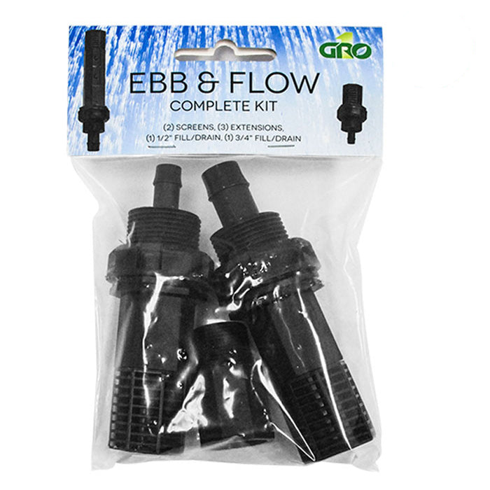 Ebb & Flow Complete Kit with screens, extensions, and fill/drain fittings.