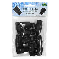 Black plastic Ebb & Flow extension fittings in a clear bag, featuring text and the 