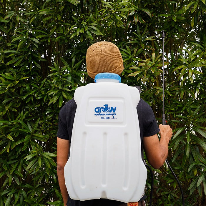 Back view of person wearing white 20L/5gal GROW electric sprayer backpack.
