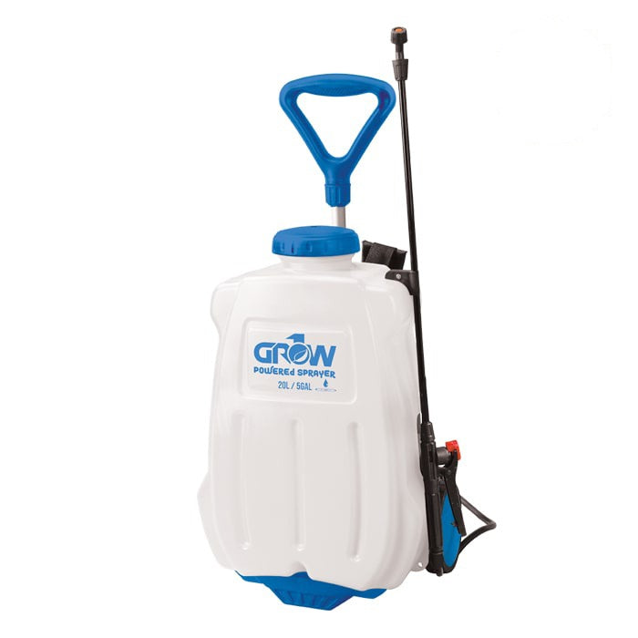 GROW 20L/5gal battery-powered backpack sprayer with blue handle and accents.