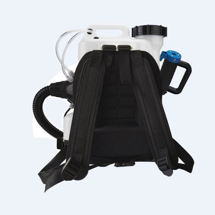 Electric backpack fogger with black straps, white tank, and blue trigger.