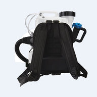 Electric backpack fogger with black straps, white tank, and blue trigger.