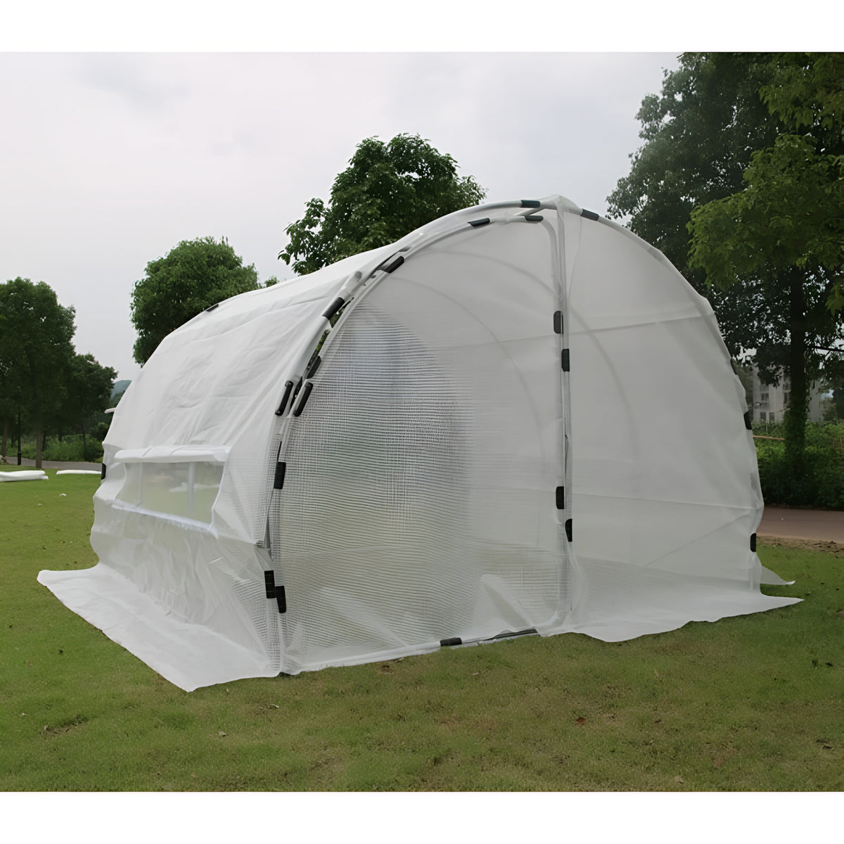 Heavy-duty greenhouse hoop house, 10x10x6.5ft, white tarp cover, metal frame, on grassy lawn.