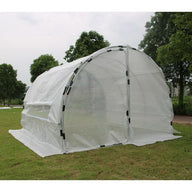 Heavy-duty greenhouse hoop house, 10x10x6.5ft, white tarp cover, metal frame, on grassy lawn.