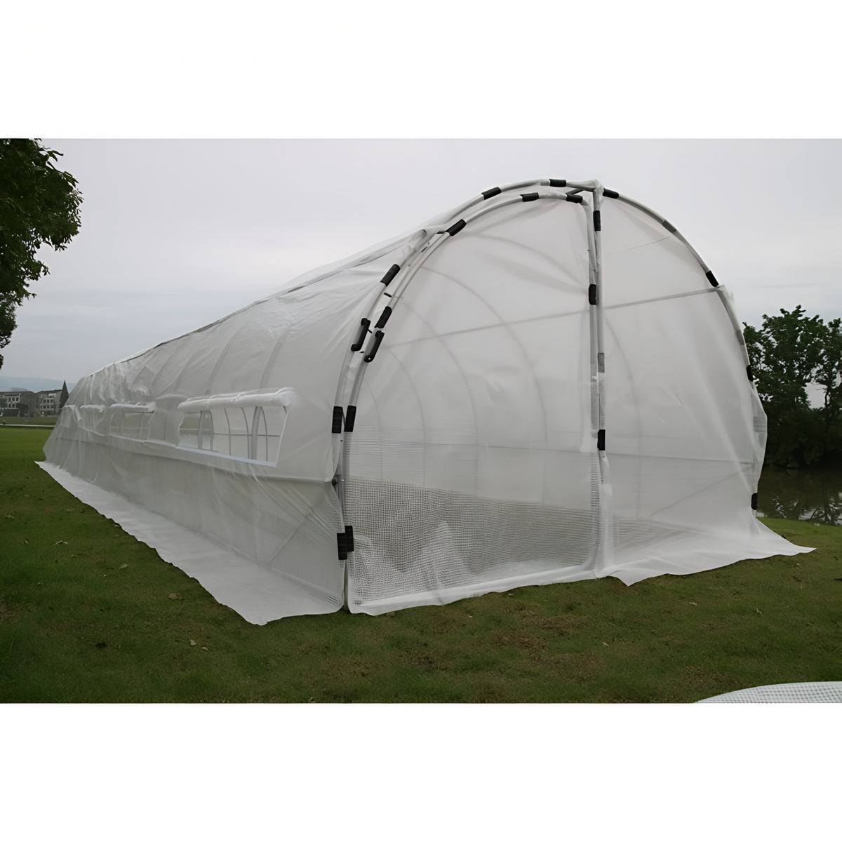 Heavy-duty tunnel greenhouse hoop house with clear plastic cover and roll-up windows, set on green grass.