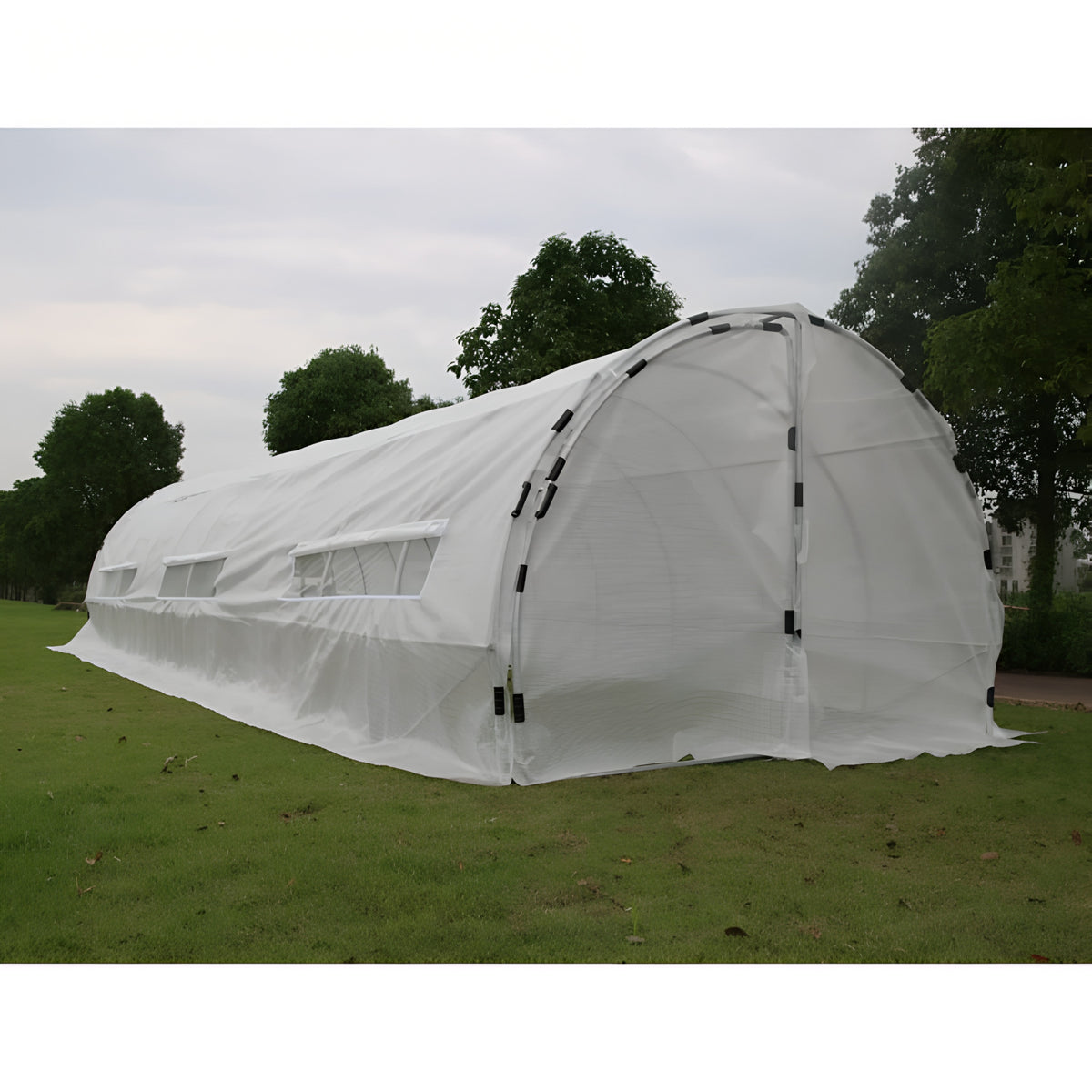White hoop house replacement cover, 32x10x6ft, with roll-up windows and roll-up door.