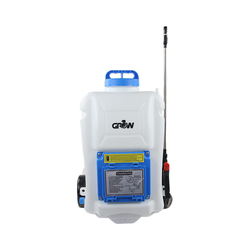 GROW 20L 5-gallon electric backpack sprayer with wand and charging port.