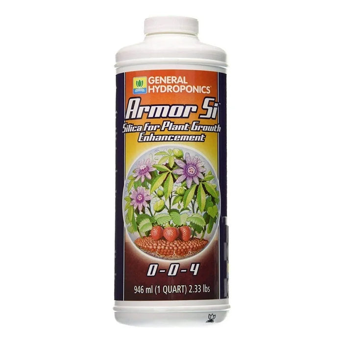 General Hydroponics Armor Si plant growth enhancer bottle with strawberries and flowers.