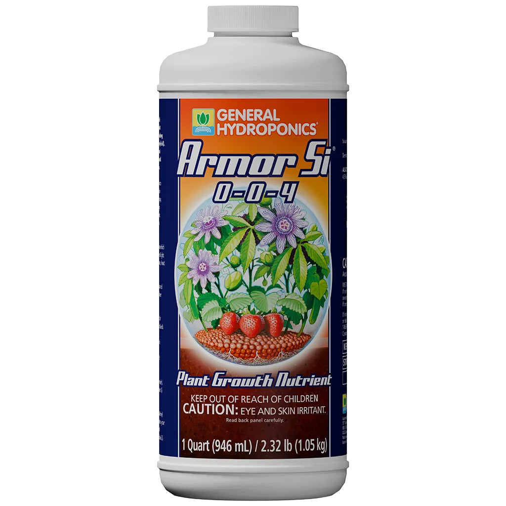 General Hydroponics Armor Si plant growth enhancer bottle with strawberries and flowers.