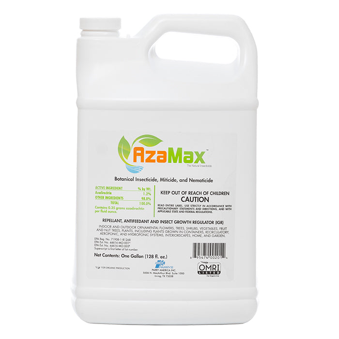 White gallon jug of AzaMax botanical insecticide, miticide, and nematicide.