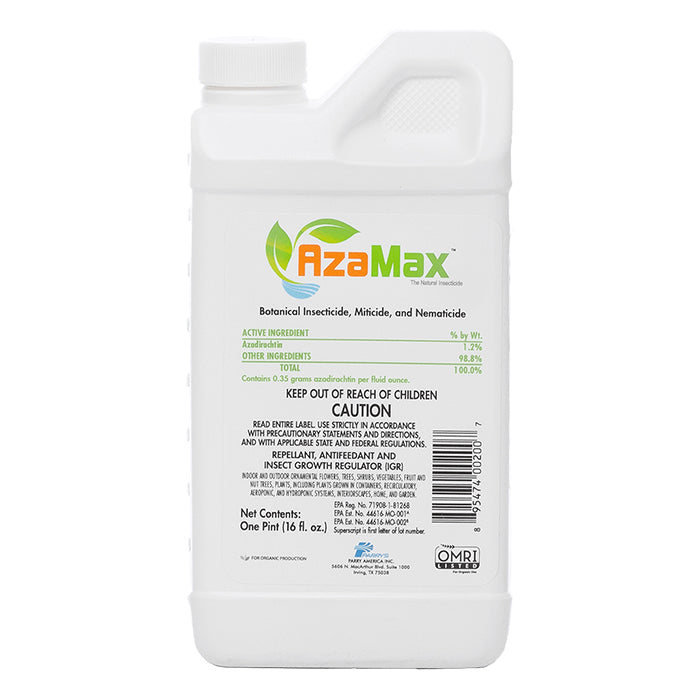 AzaMax Botanical Insecticide with Azadirachtin, 16 fl oz bottle with OMRI Listed seal.