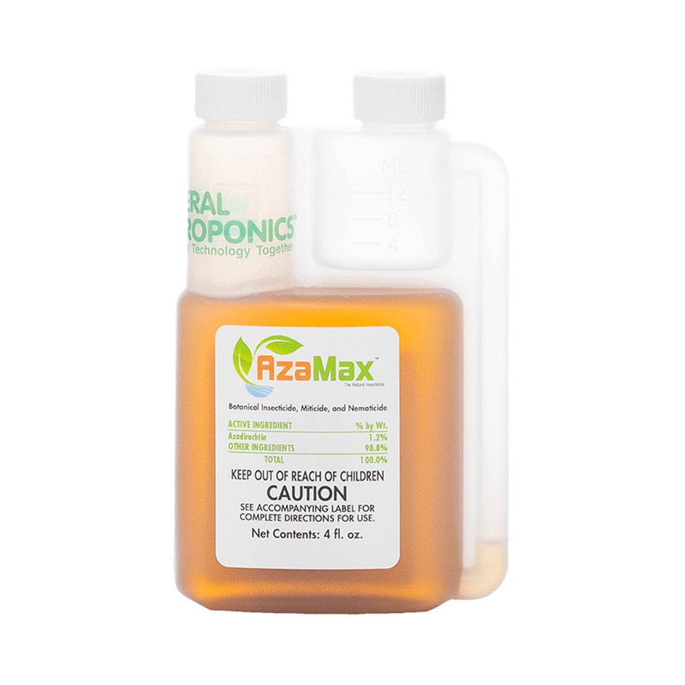 General Hydroponics AzaMax 4 fl oz bottle. Botanical insecticide, miticide, and nematicide with Azadirachtin.