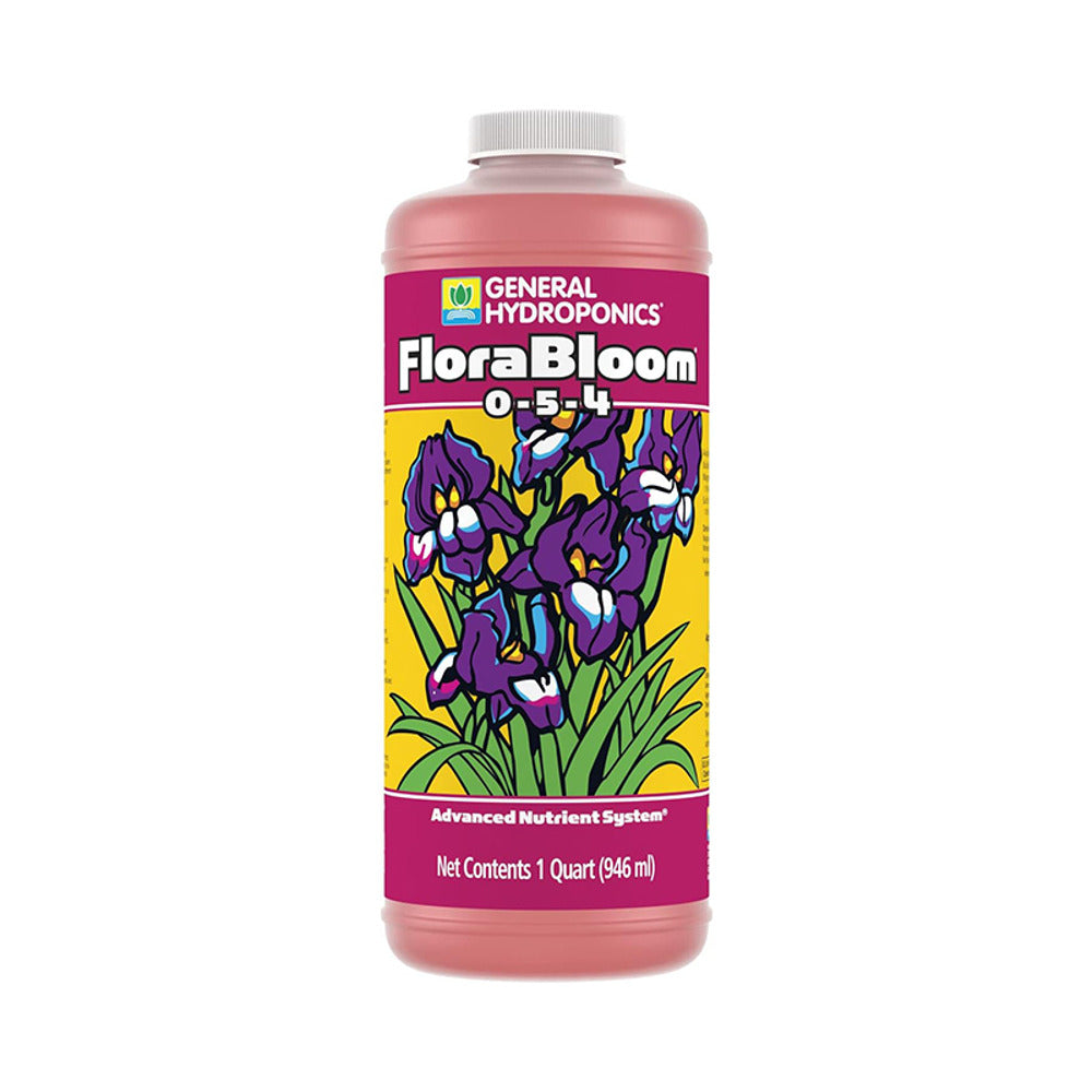 General Hydroponics FloraBloom 1 Quart bottle with purple irises and "0-5-4" nutrient ratio.