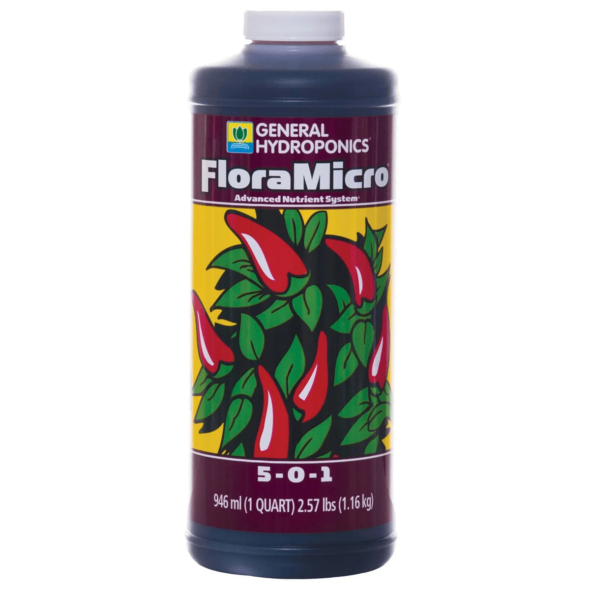General Hydroponics FloraMicro bottle with chili pepper graphic.