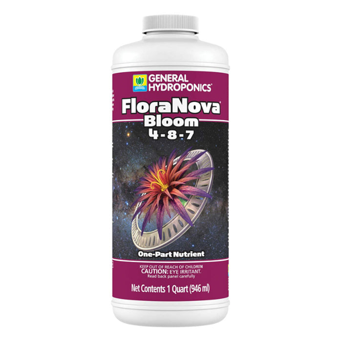 General Hydroponics FloraNova Bloom 1-quart bottle with galaxy image.
