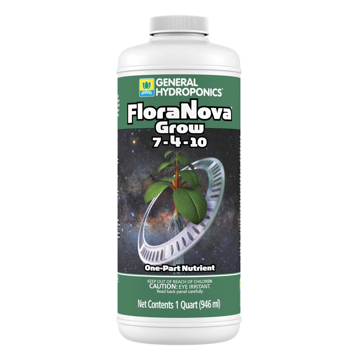 General Hydroponics FloraNova Grow 1 Quart bottle, one-part nutrient for plants, featuring a seedling.
