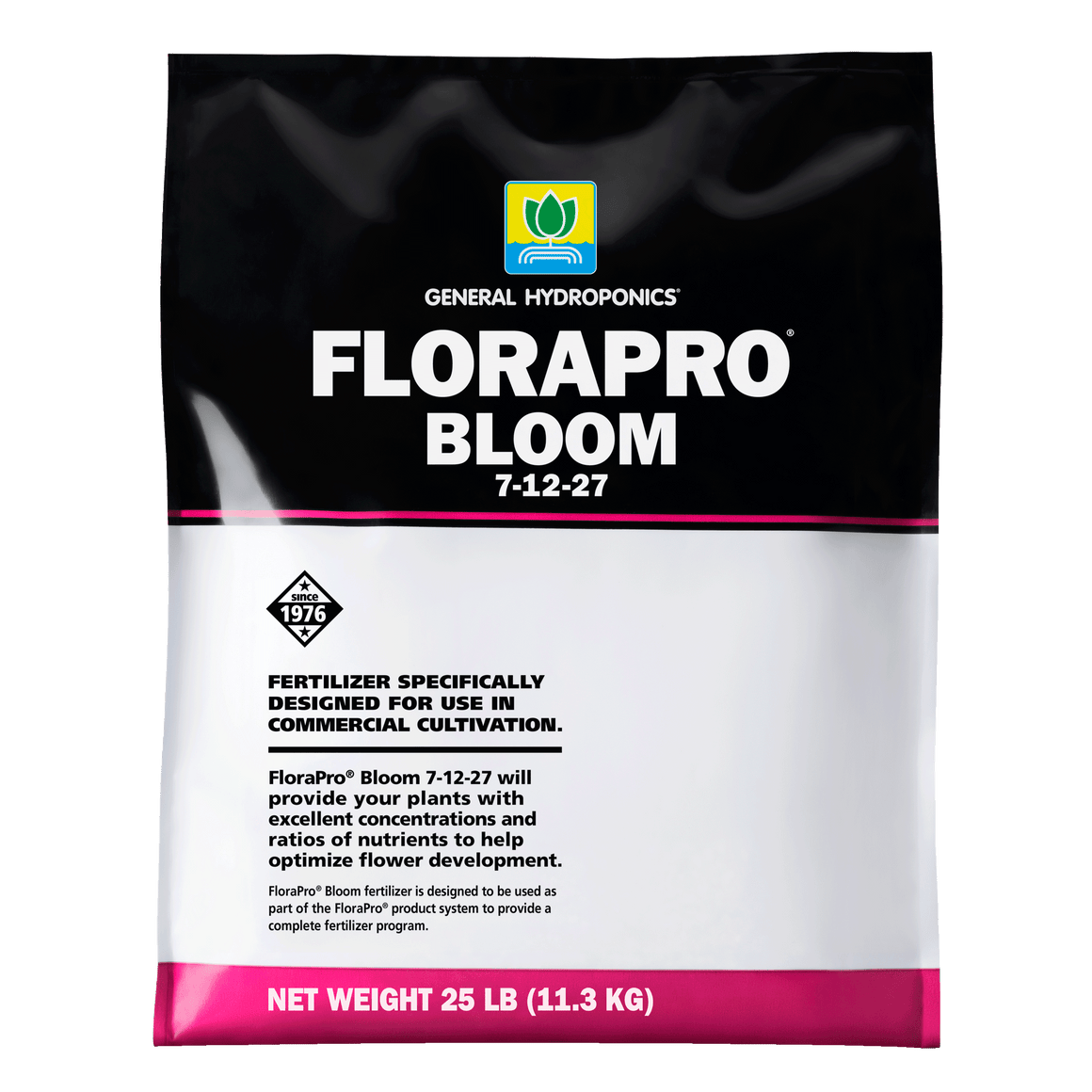 General Hydroponics FloraPro Bloom fertilizer bag, 25 lb. White text on black bag.
