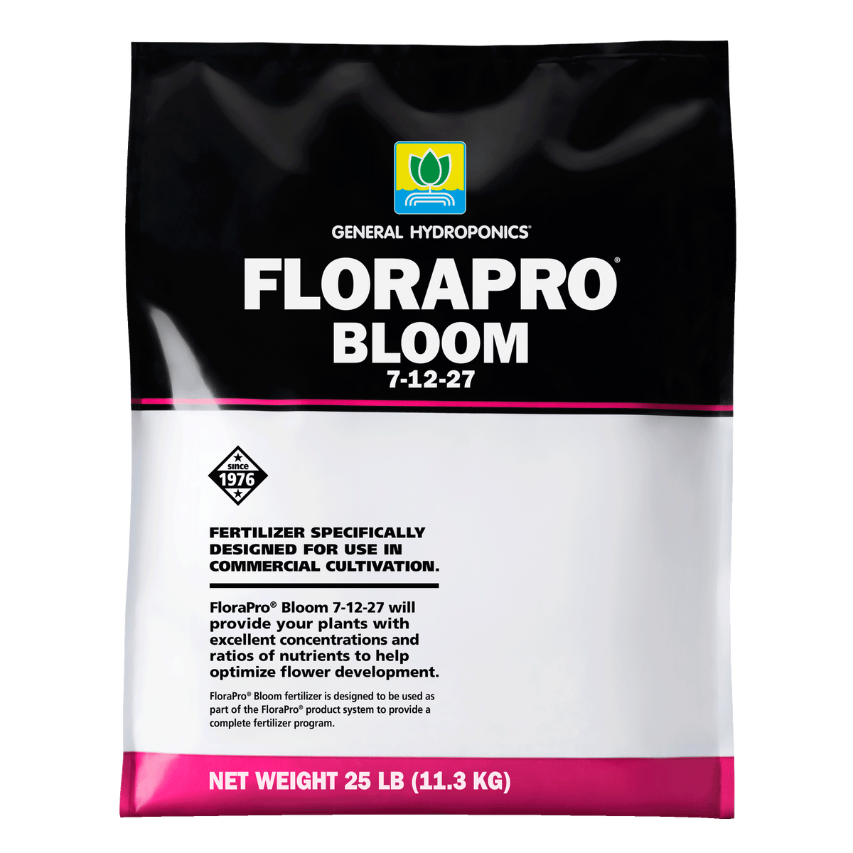 General Hydroponics FloraPro Bloom fertilizer bag, 25 lb. White text on black bag.