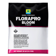General Hydroponics FloraPro Bloom fertilizer bag, 25 lb. White text on black bag.