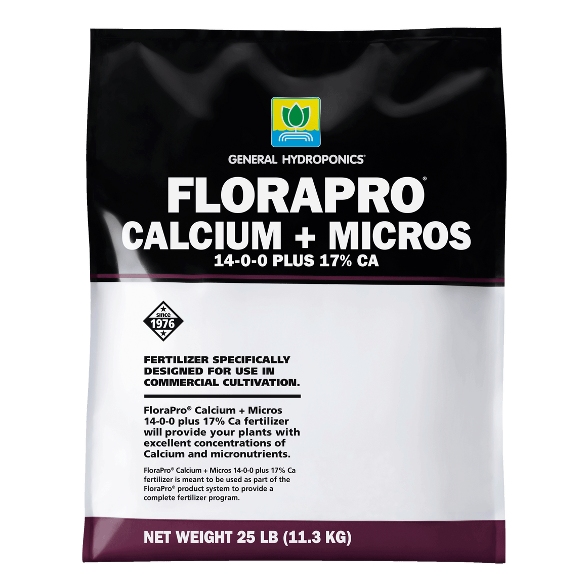 General Hydroponics FloraPro Calcium + Micros 25lb bag, 14-0-0 plus 17% Ca fertilizer for commercial cultivation.