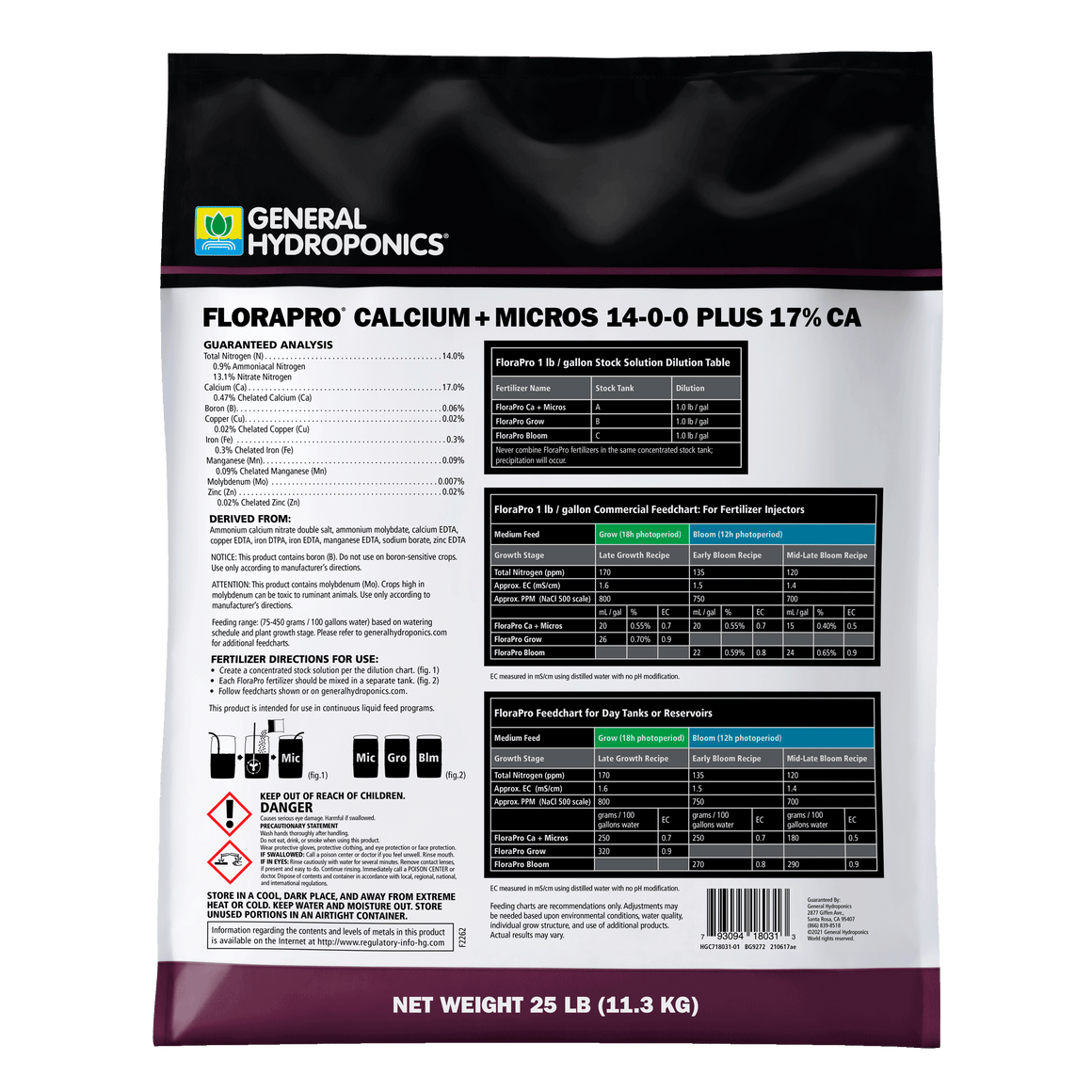 General Hydroponics FloraPro Calcium + Micros 25lb fertilizer bag with detailed analysis and feeding charts.