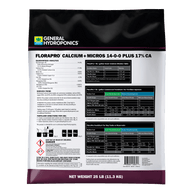 General Hydroponics FloraPro Calcium + Micros 25lb fertilizer bag with detailed analysis and feeding charts.