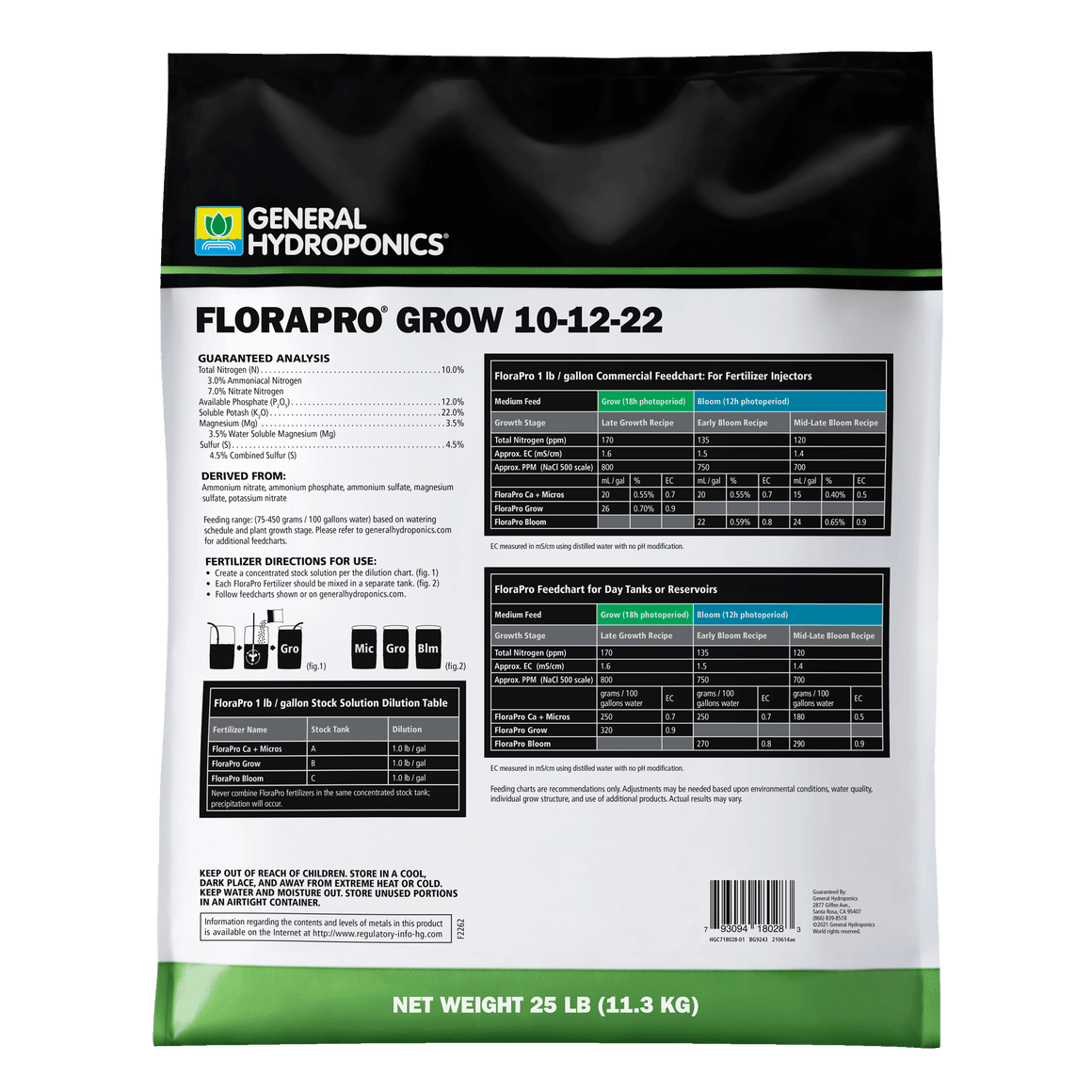 General Hydroponics FloraPro Grow fertilizer bag, 25 lbs, with nutrient chart and directions.