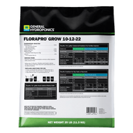 General Hydroponics FloraPro Grow fertilizer bag, 25 lbs, with nutrient chart and directions.