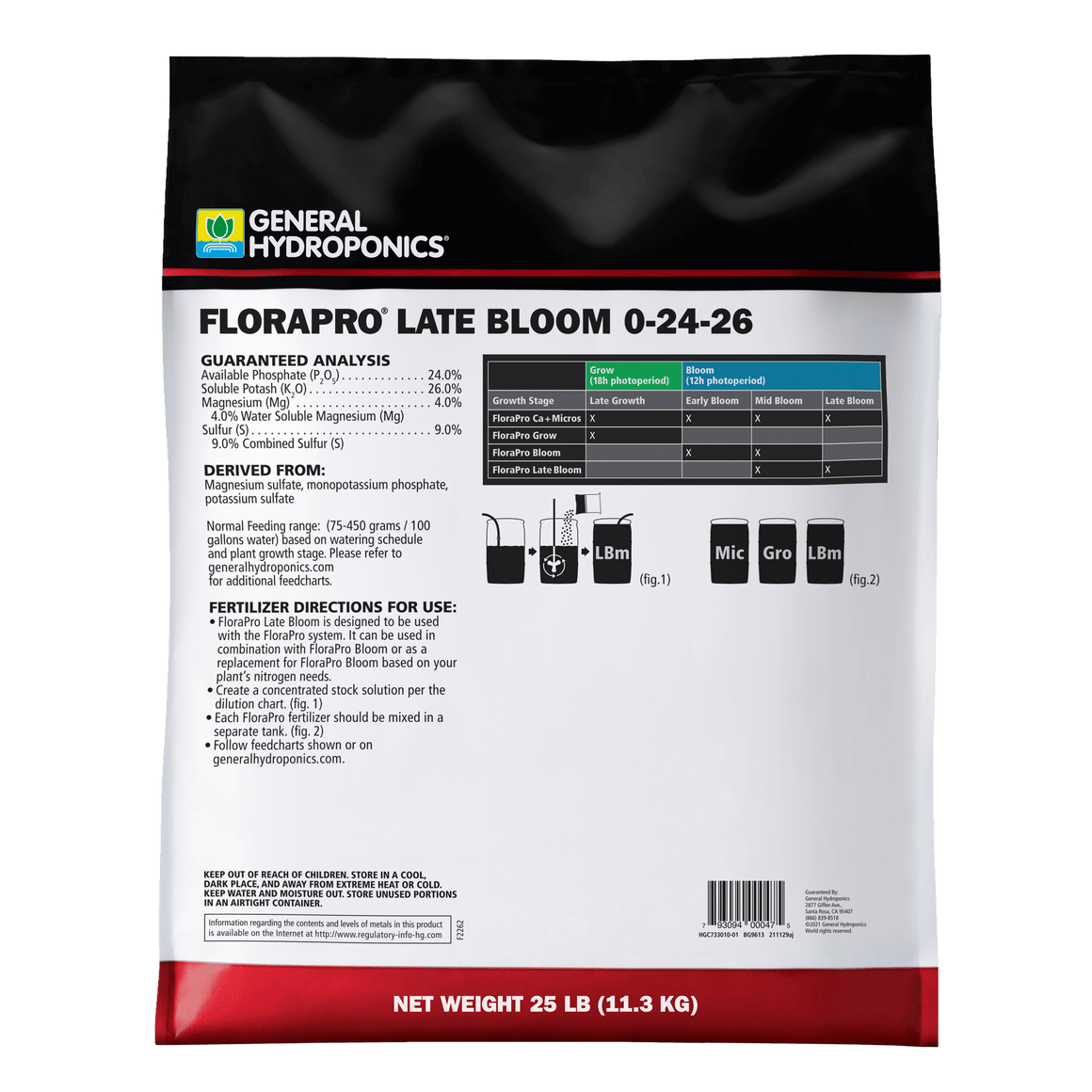 General Hydroponics FloraPro Late Bloom 0-24-26 fertilizer bag, 25 lb.