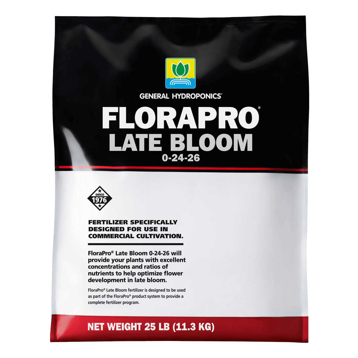General Hydroponics FloraPro Late Bloom fertilizer bag, 25 lbs (11.3 kg), for commercial cultivation.