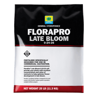 General Hydroponics FloraPro Late Bloom fertilizer bag, 25 lbs (11.3 kg), for commercial cultivation.