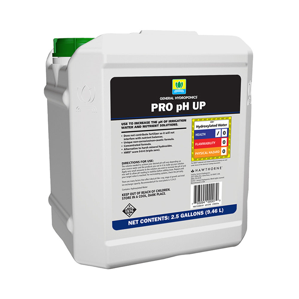 General Hydroponics Pro pH UP 2.5 Gallon jug. White container with green cap, label details are visible.