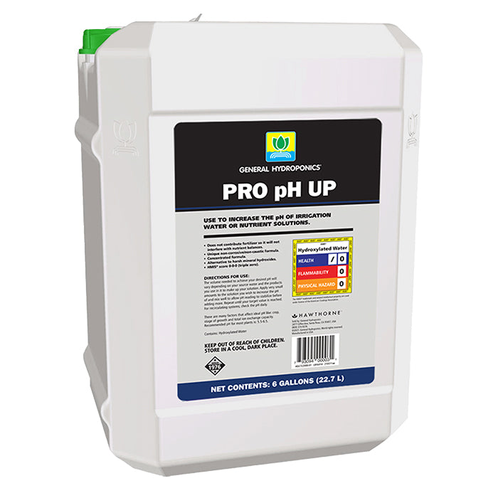 General Hydroponics Pro pH Up 6-gallon jug with label indicating use to increase pH of irrigation water or nutrient solutions.
