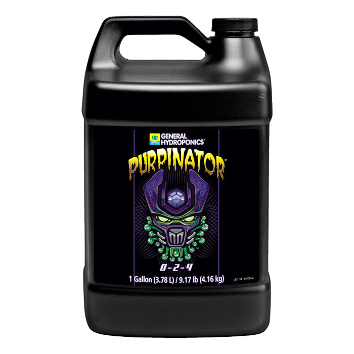 General Hydroponics Purpinator 1 Gallon bottle with purple and green alien-like graphic.