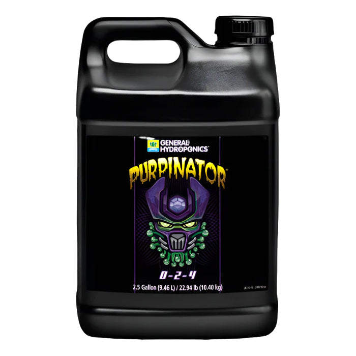 General Hydroponics Purpinator 2.5 Gallon bottle, featuring a purple and green alien-like graphic and "0-2-4" fertilizer ratio.
