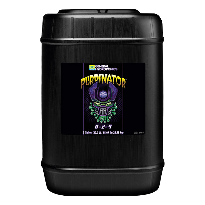 Black 6-gallon jug of General Hydroponics Purpinator fertilizer with a purple and green label featuring a robotic skull.