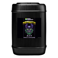 Black 6-gallon jug of General Hydroponics Purpinator fertilizer with a purple and green label featuring a robotic skull.