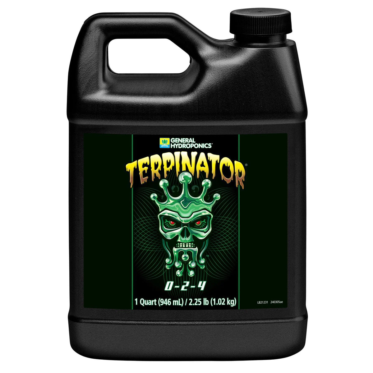 General Hydroponics Terpinator 0-2-4 fertilizer in a black jug with a skull and crown label.