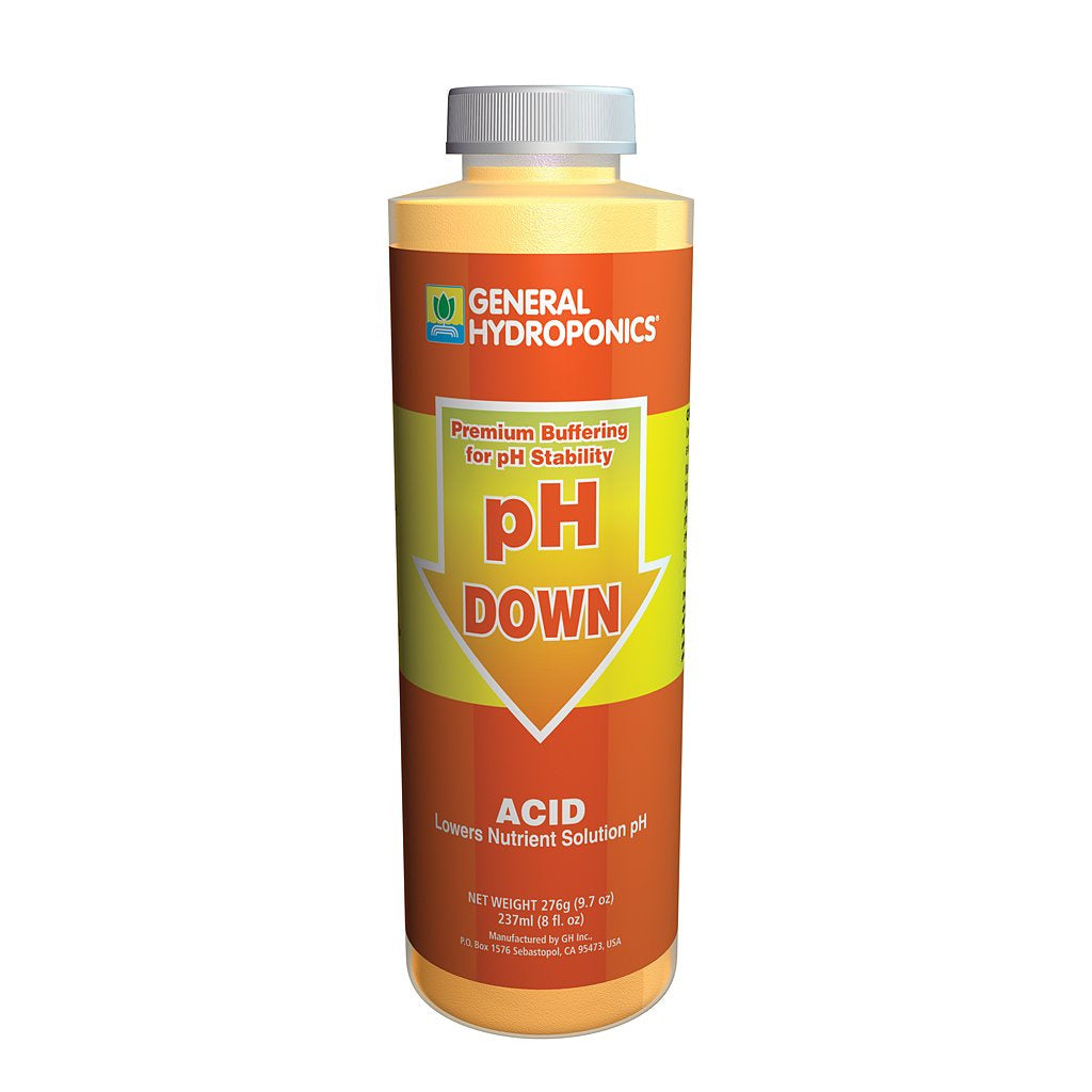 General Hydroponics pH Down 8 fl oz bottle with orange and yellow label, showing "pH DOWN ACID".
