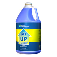 General Hydroponics pH UP 1 gallon bottle, blue liquid, with yellow arrow graphic.