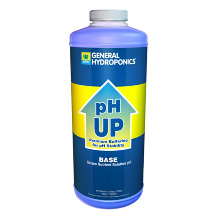 General Hydroponics pH Up bottle, blue and yellow label with "pH UP" in white inside a yellow house shape.