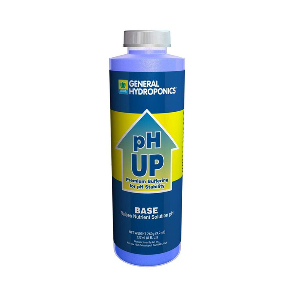 General Hydroponics pH UP bottle, premium buffering solution for pH stability.