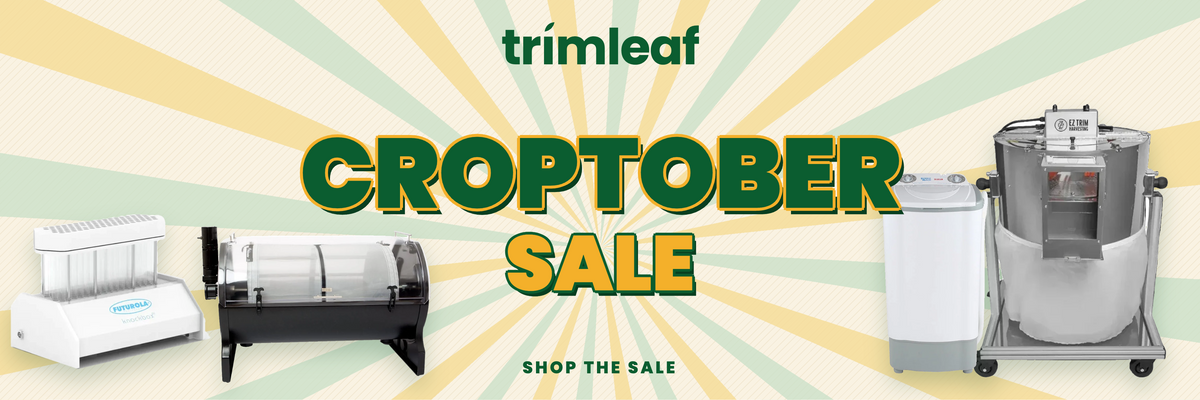 Trimleaf Croptober Sale banner with harvesting equipment.