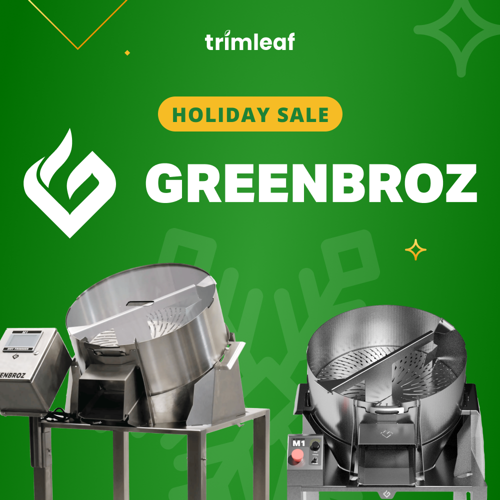 Trimleaf GreenBroz Holiday Sale banner featuring industrial trimmers and snowflakes.