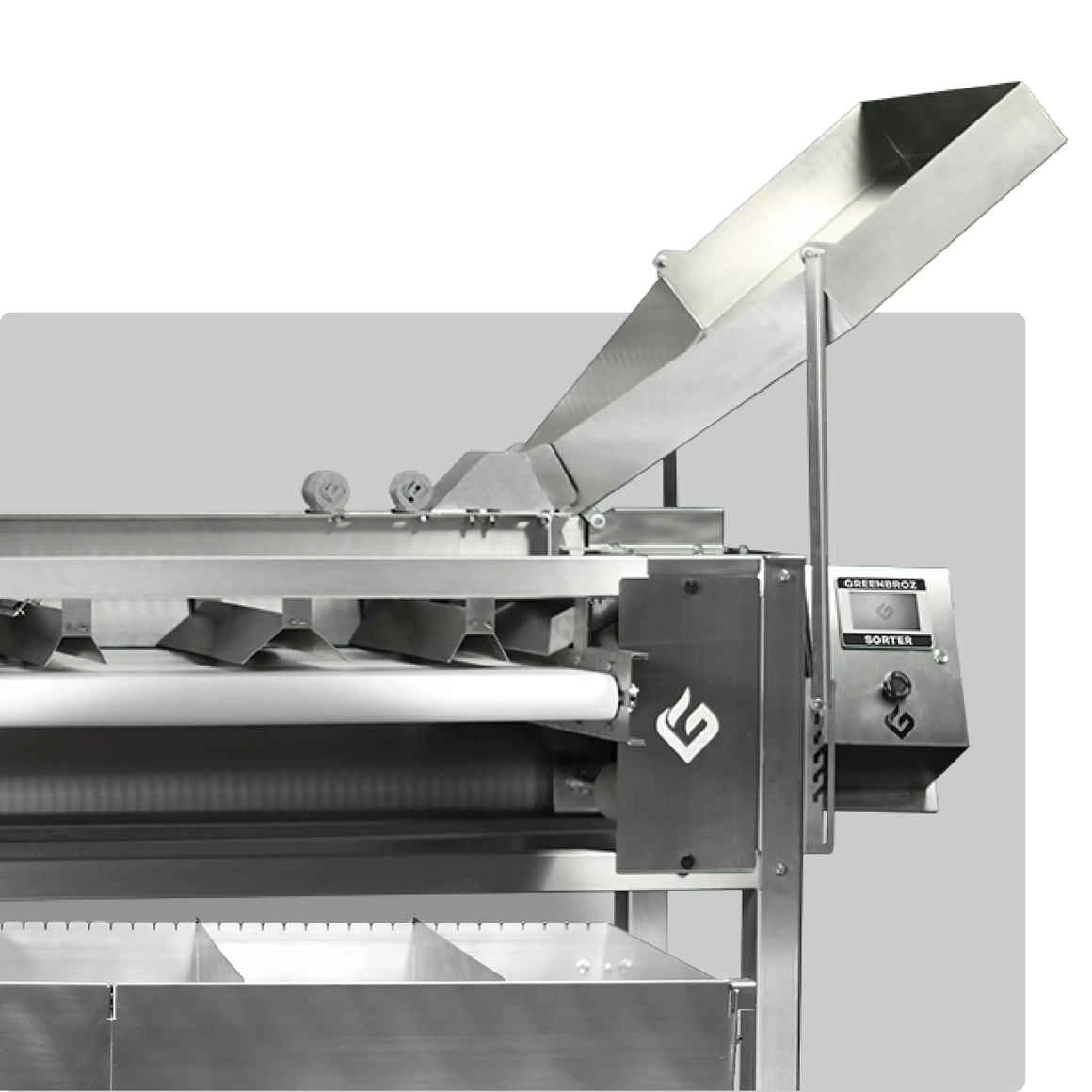 GreenBroz Precision Bud Sorter machine with stainless steel construction and digital display for automated cannabis sorting.