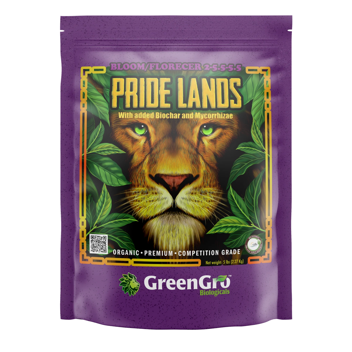 Pride Lands Bloom fertilizer bag featuring a lion's face, green leaves, and "GreenGro Biologicals" logo.