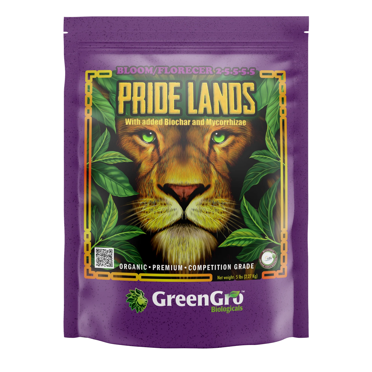 Pride Lands Bloom fertilizer bag featuring a lion's face, green leaves, and "GreenGro Biologicals" logo.