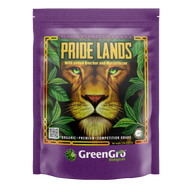 Pride Lands Bloom fertilizer bag featuring a lion's face, green leaves, and 
