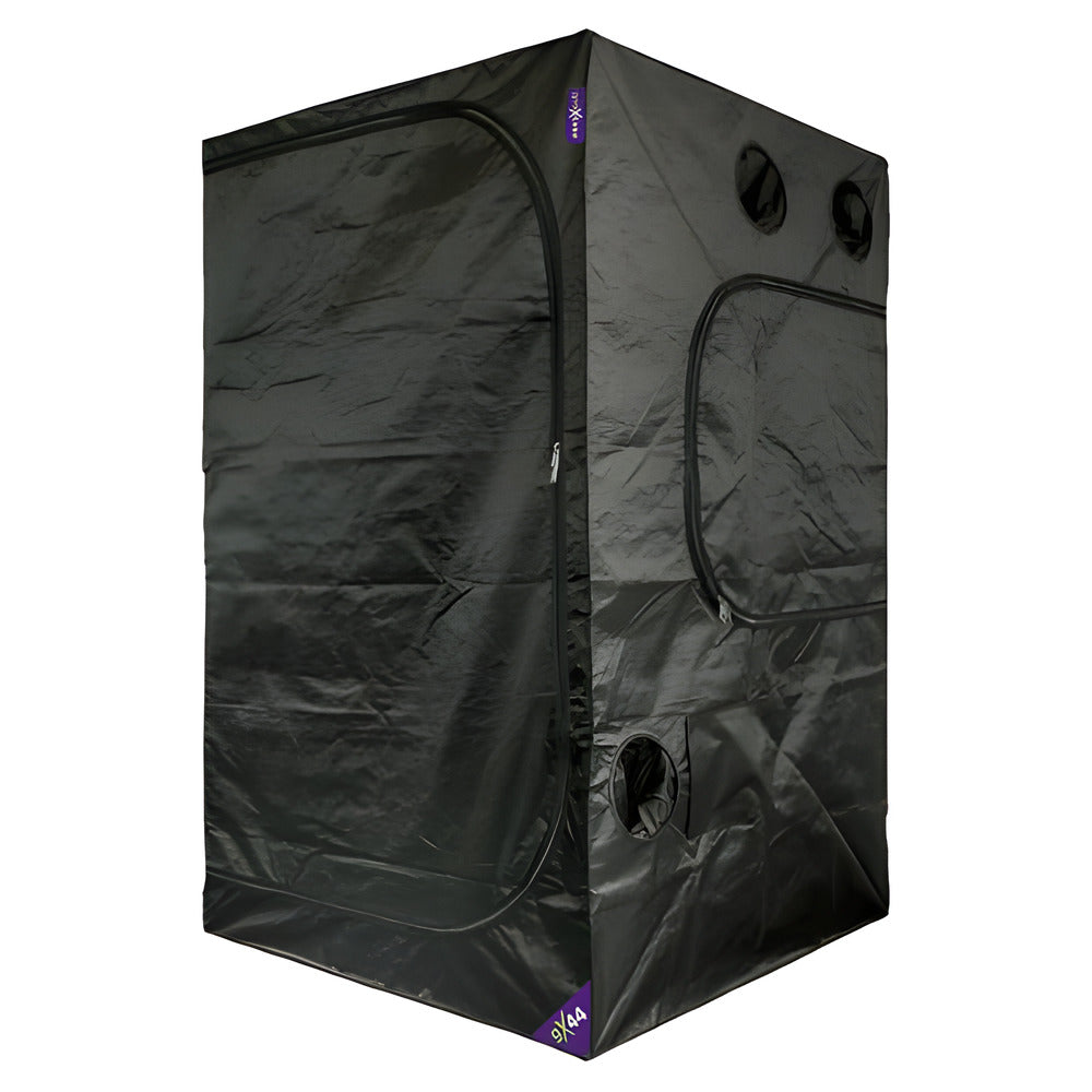GroXcess 4x4 HD grow room tent with dark fabric, zippers, and vents.