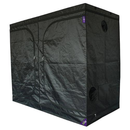 Black, zippered grow tent with multiple vents and a purple logo.